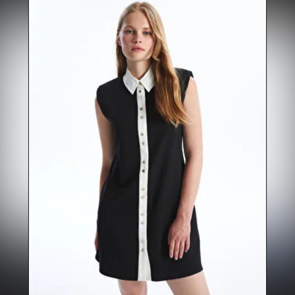 Black and White Sleeveless Button-Down Shoulder Pad Dress